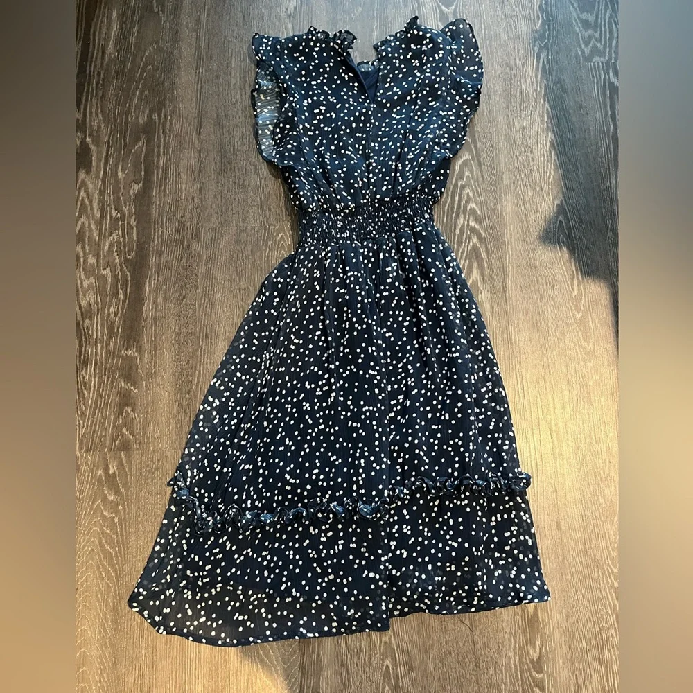 Aqua | Girl’s Flutter Dot Print Midi Dress | Blue/White | M